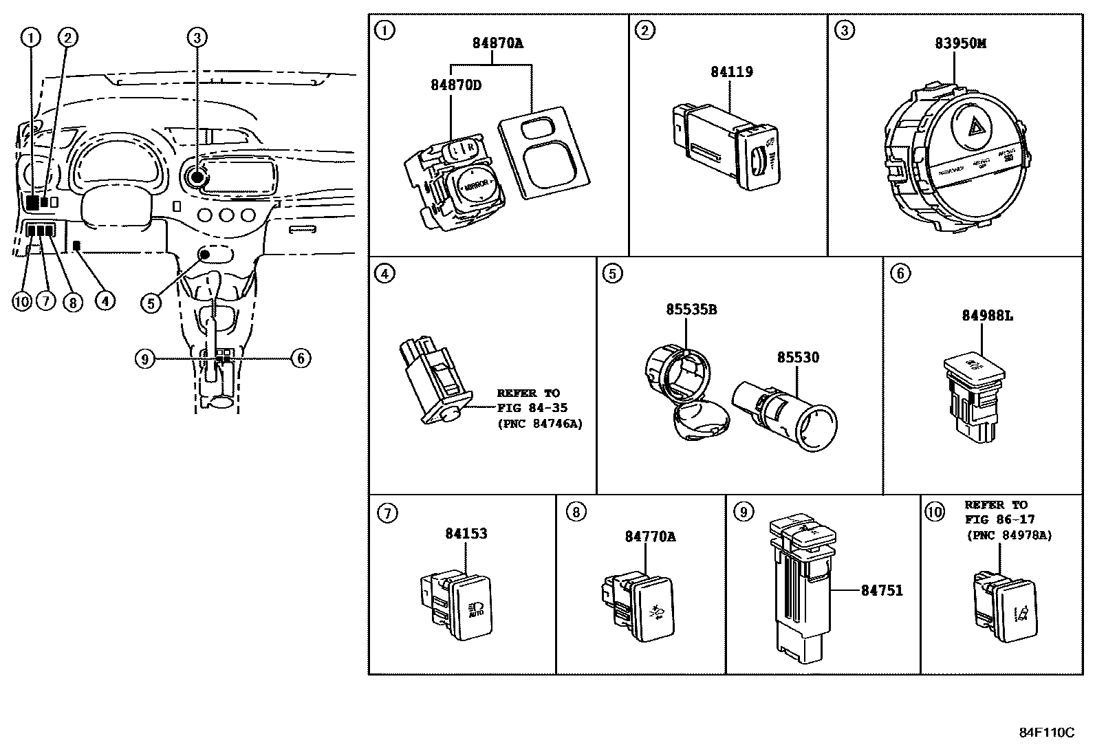 Toyota YARIS 开关和继电器和ECU EPC diagram — 84F110C