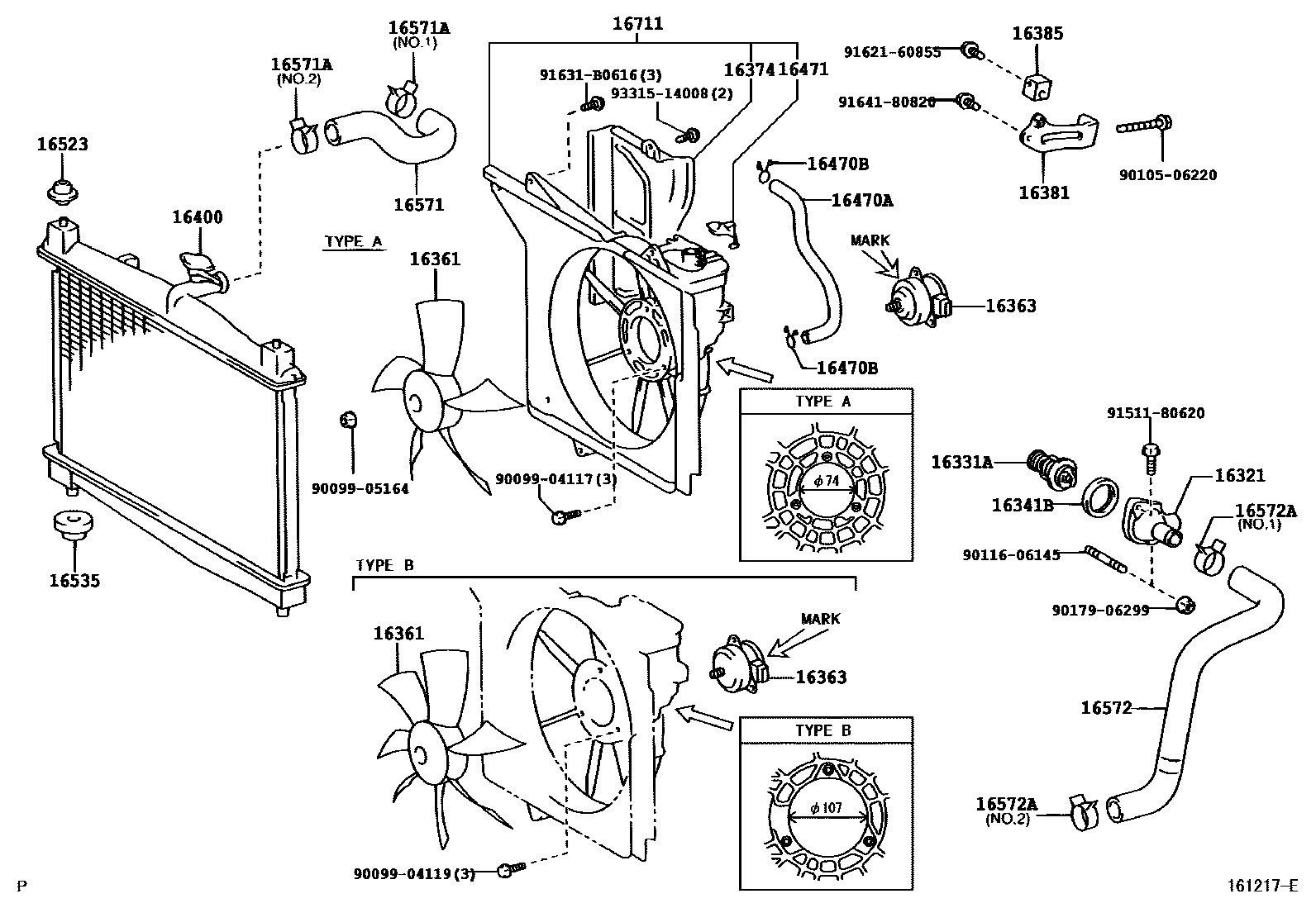 Toyota YARIS RADIATOR & WATER OUTLET EPC diagram — 161217E