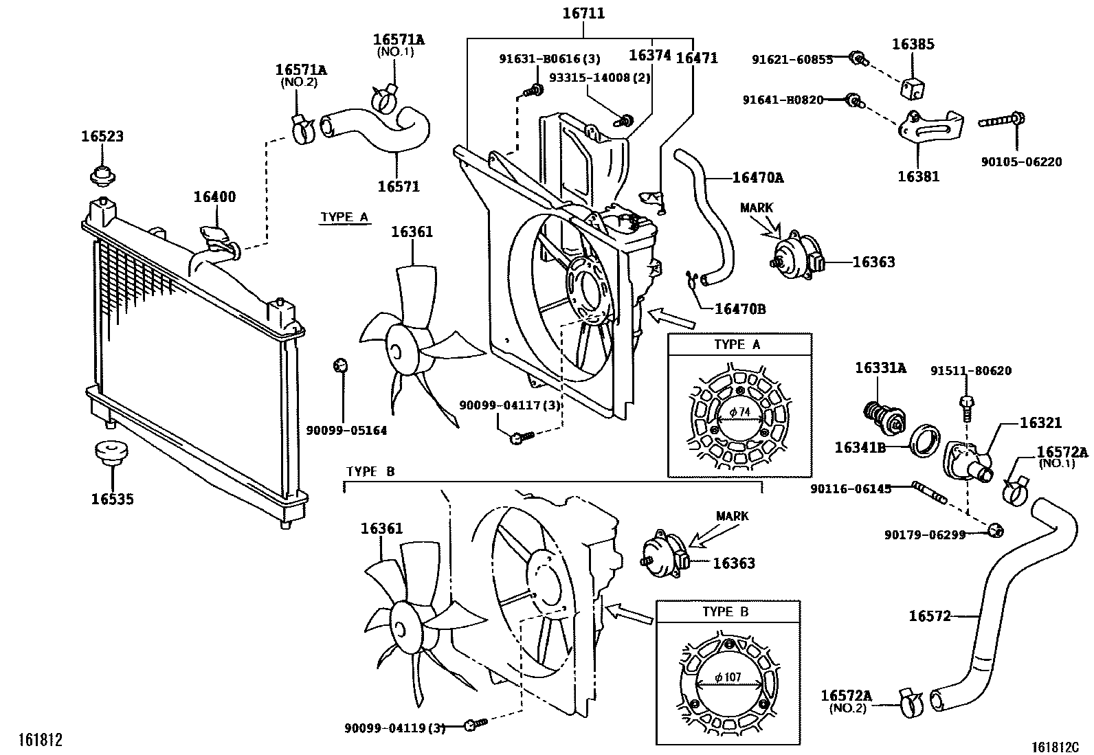 Toyota YARIS RADIATOR & WATER OUTLET EPC diagram — 161812C