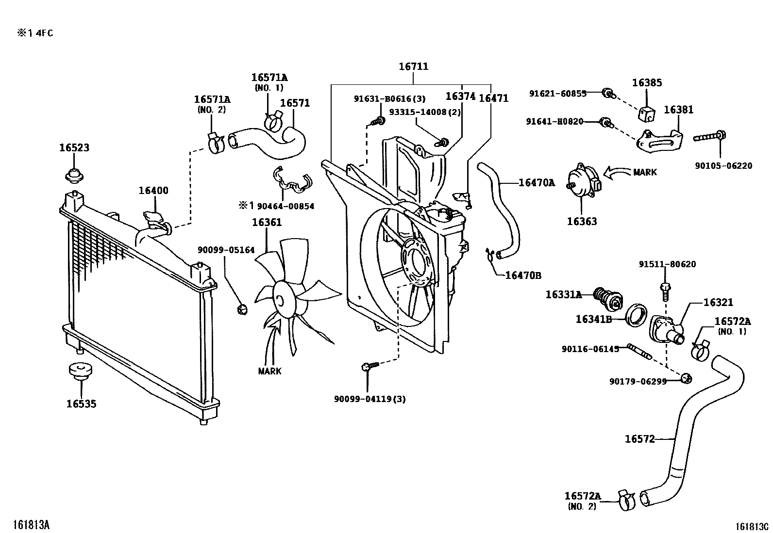 Toyota YARIS RADIATOR & WATER OUTLET EPC diagram — 161813C