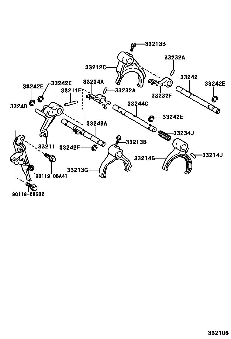 Toyota YARIS 换档拨叉和换档杆轴(MTM) EPC diagram — 332106