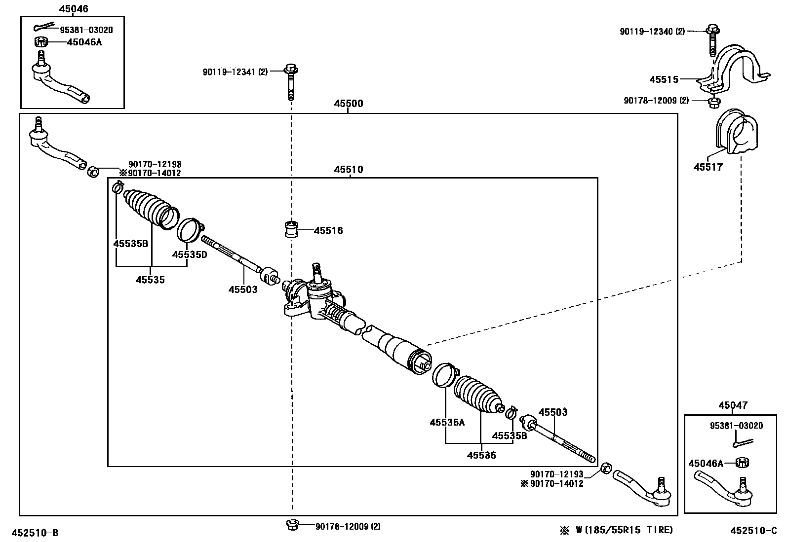Toyota YARIS 前转向齿轮和连杆 EPC diagram — 452510C