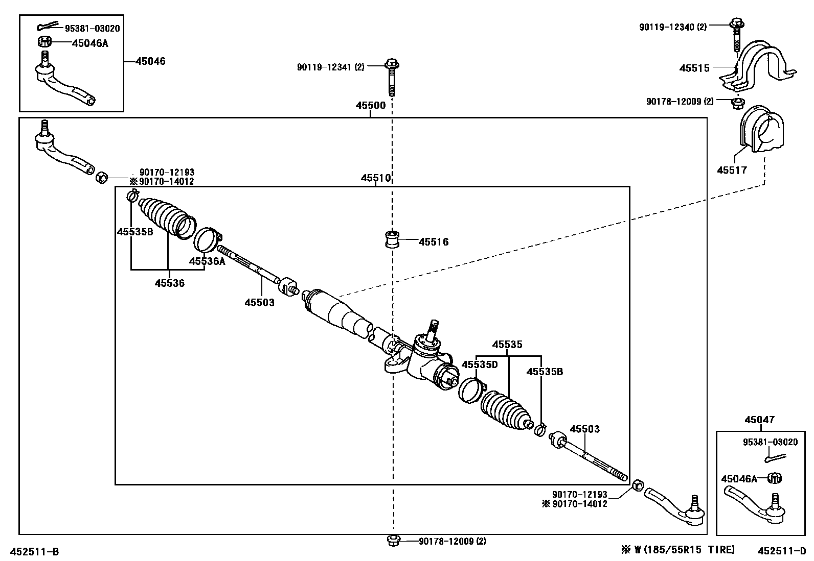 Toyota YARIS 前转向齿轮和连杆 EPC diagram — 452511D