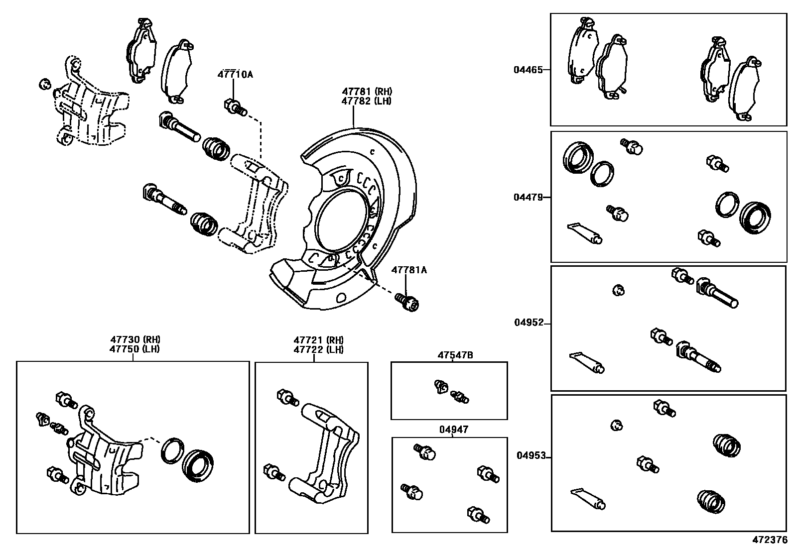 Toyota YARIS 前盘式制动器卡钳和防尘罩 EPC diagram — 472376