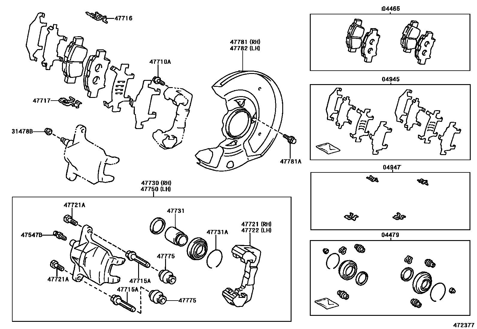 Toyota YARIS 前盘式制动器卡钳和防尘罩 EPC diagram — 472377
