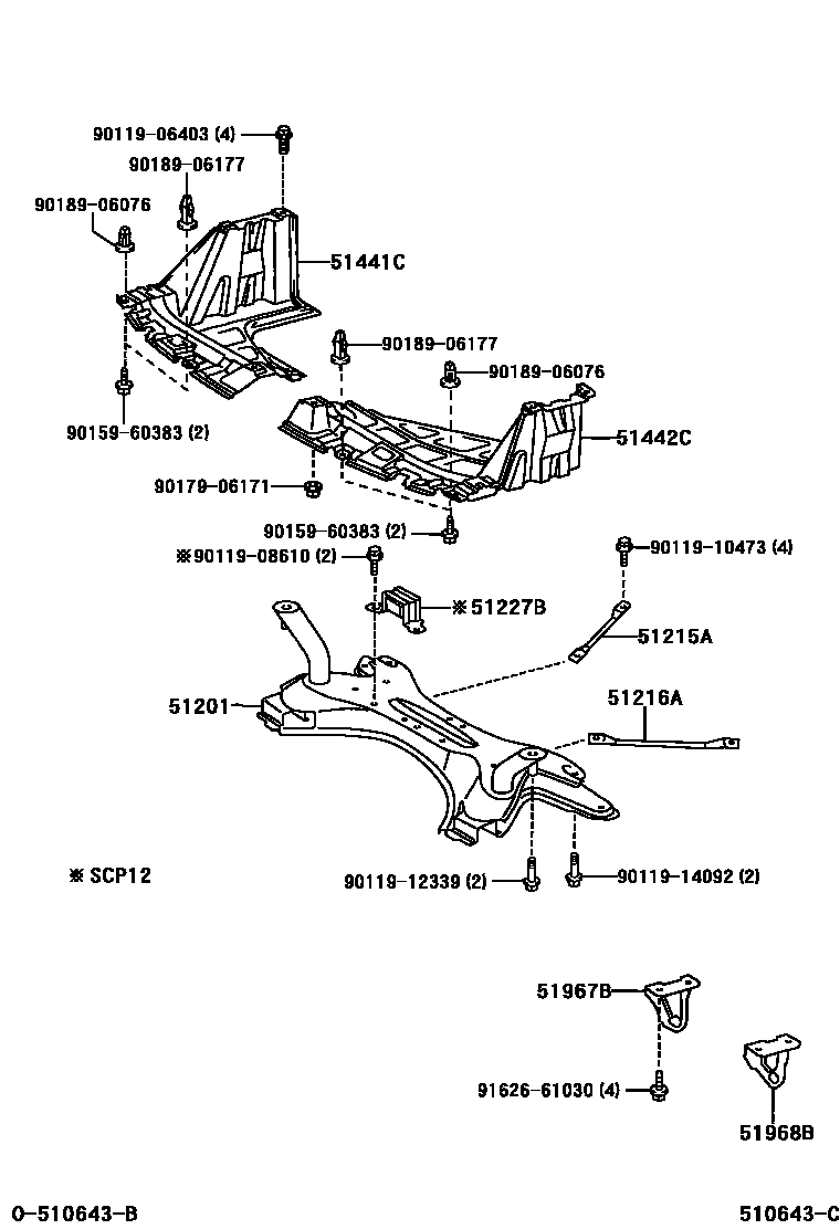 Toyota YARIS 悬架横梁和发动机底罩 EPC diagram — 510643C