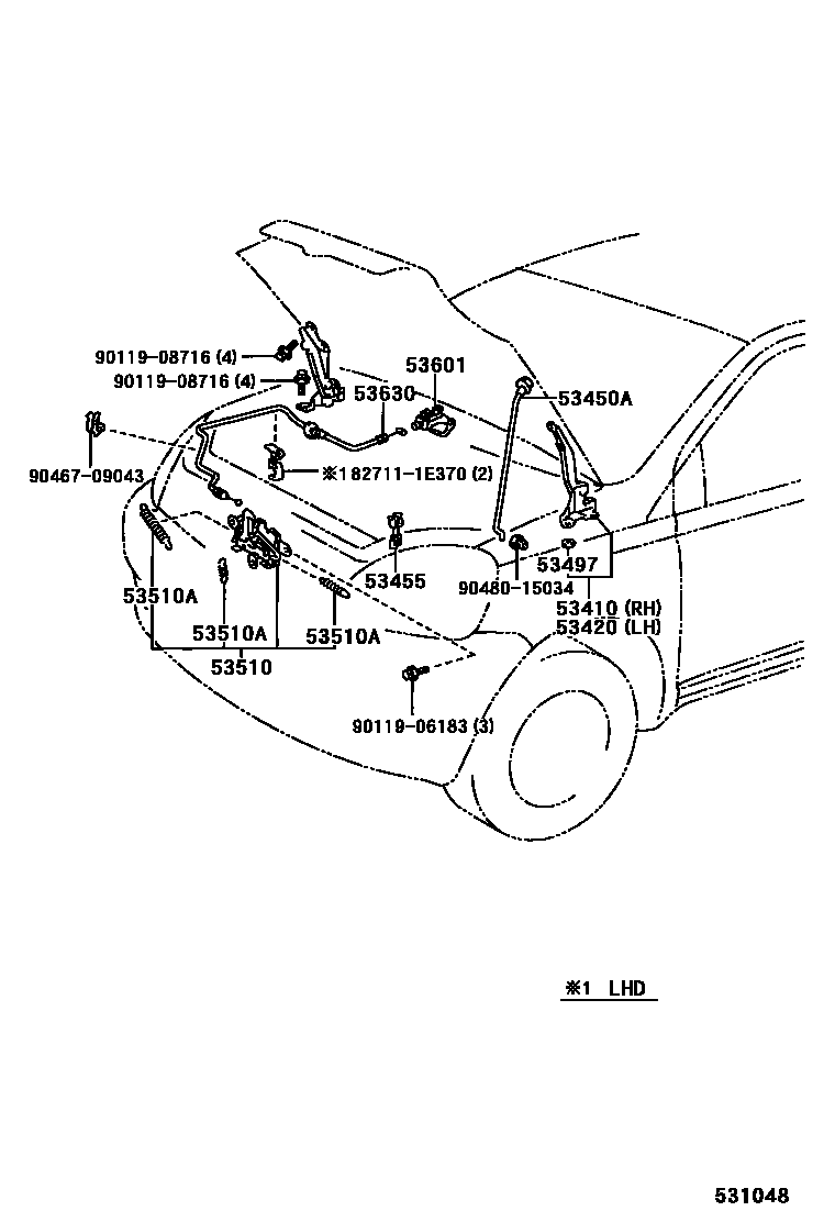 Toyota YARIS 发动机盖锁和铰链 EPC diagram — 531048