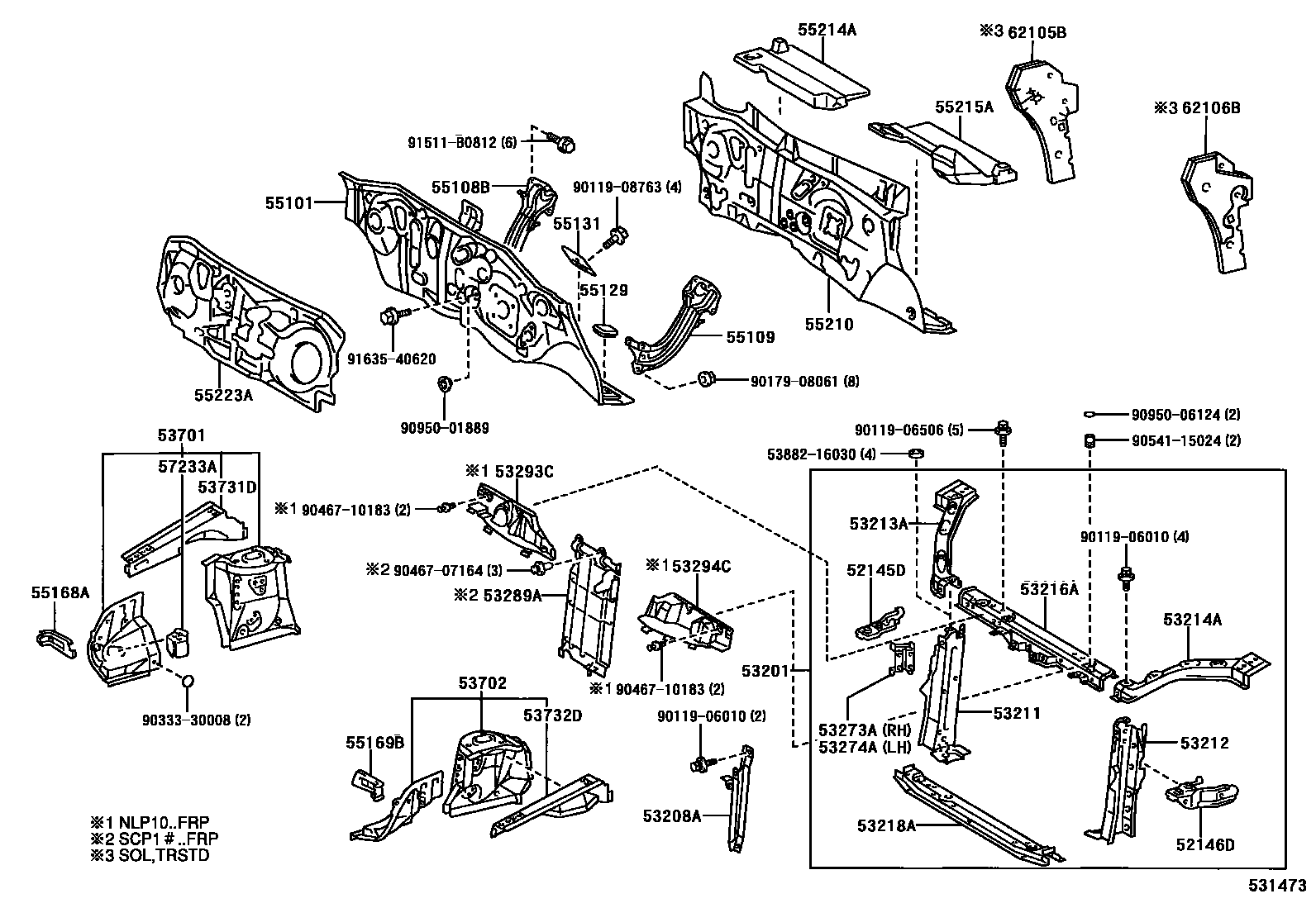 Toyota YARIS 前翼子板挡泥板和前围板 EPC diagram — 531473