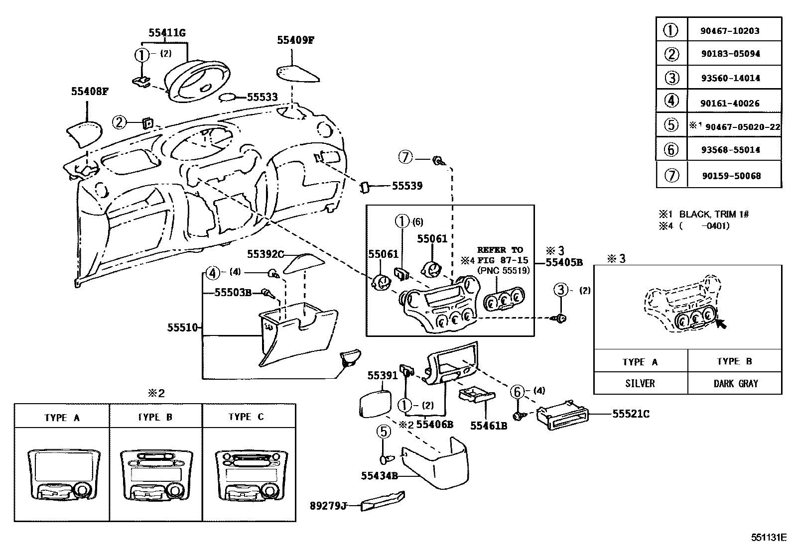 Toyota YARIS 仪表板和手套箱 EPC diagram — 551131E