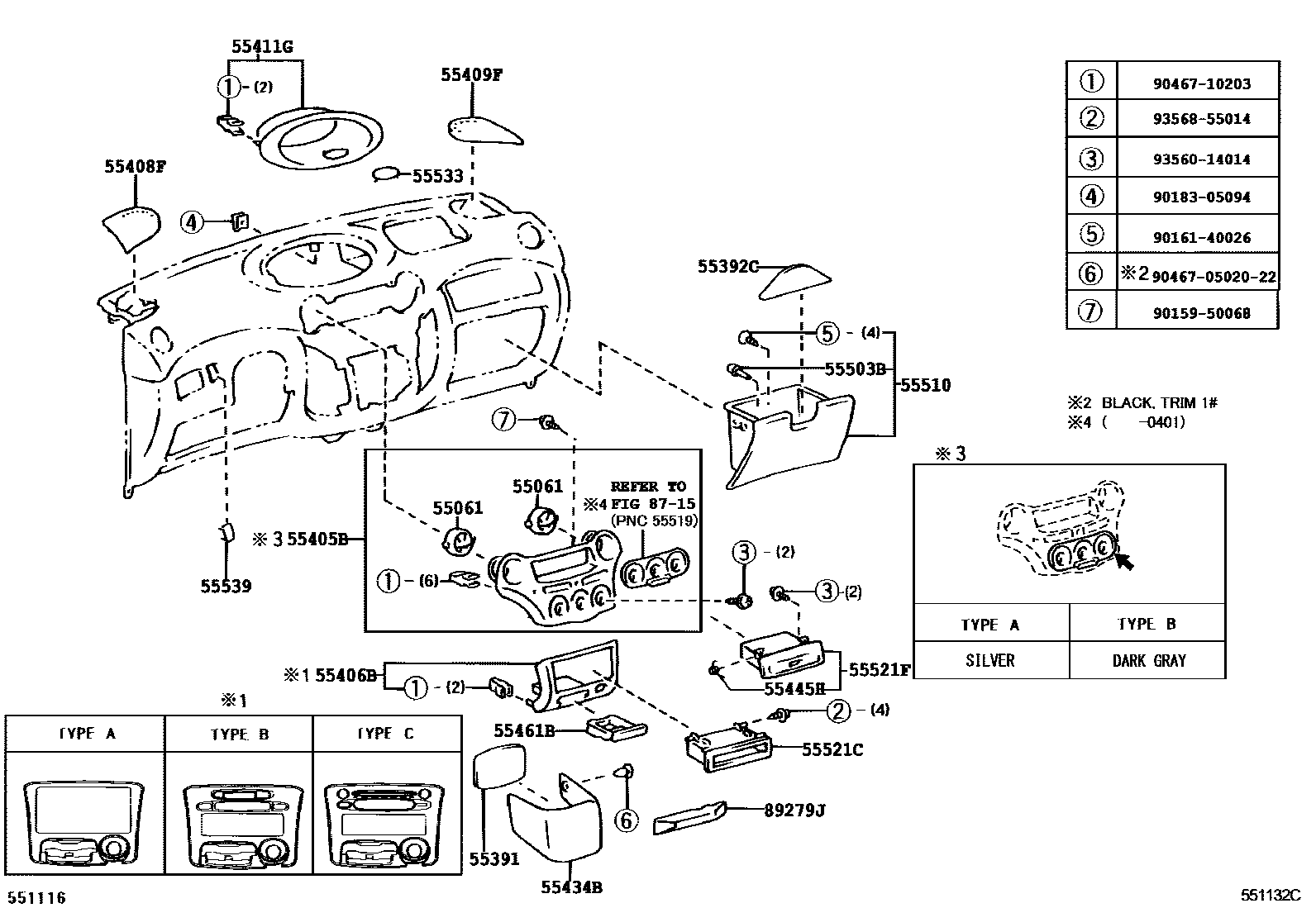 Toyota YARIS 仪表板和手套箱 EPC diagram — 551132C