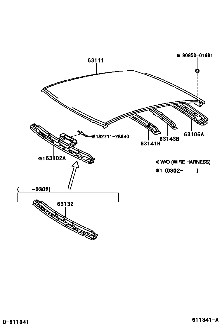 Toyota YARIS 天窗板和背窗玻璃 EPC diagram — 611341A