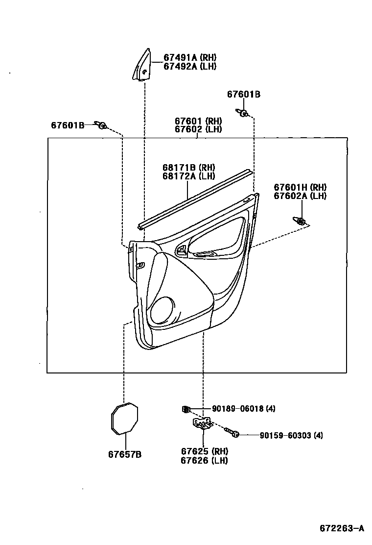 Toyota YARIS 前门板和前门玻璃 EPC diagram — 672263A
