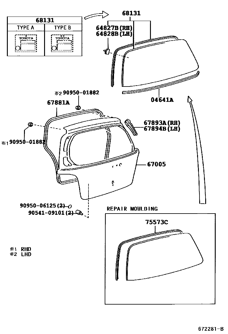 Toyota YARIS 背门板和背门玻璃 EPC diagram — 672281B