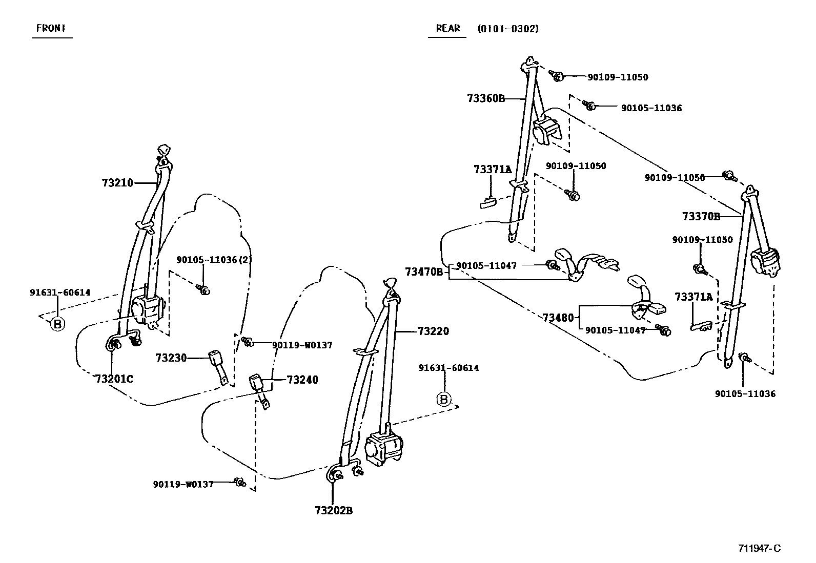 Toyota YARIS 安全带和儿童保护座椅 EPC diagram — 711947C