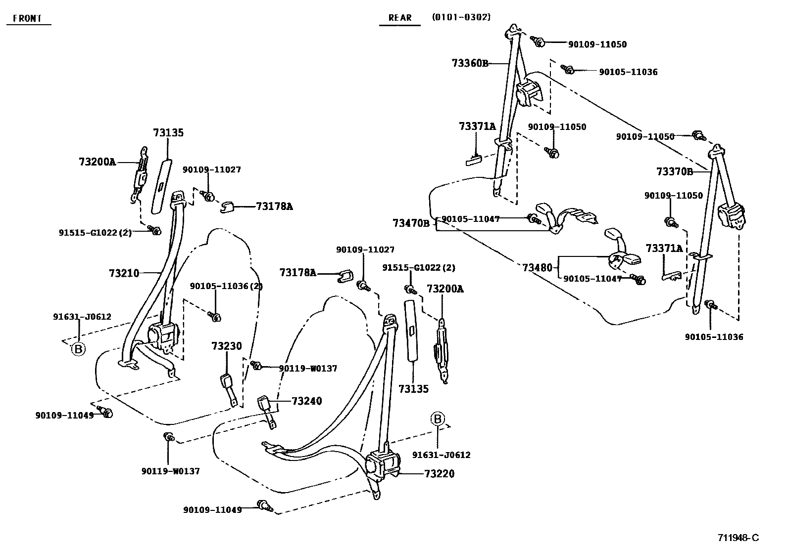 Toyota YARIS 安全带和儿童保护座椅 EPC diagram — 711948C