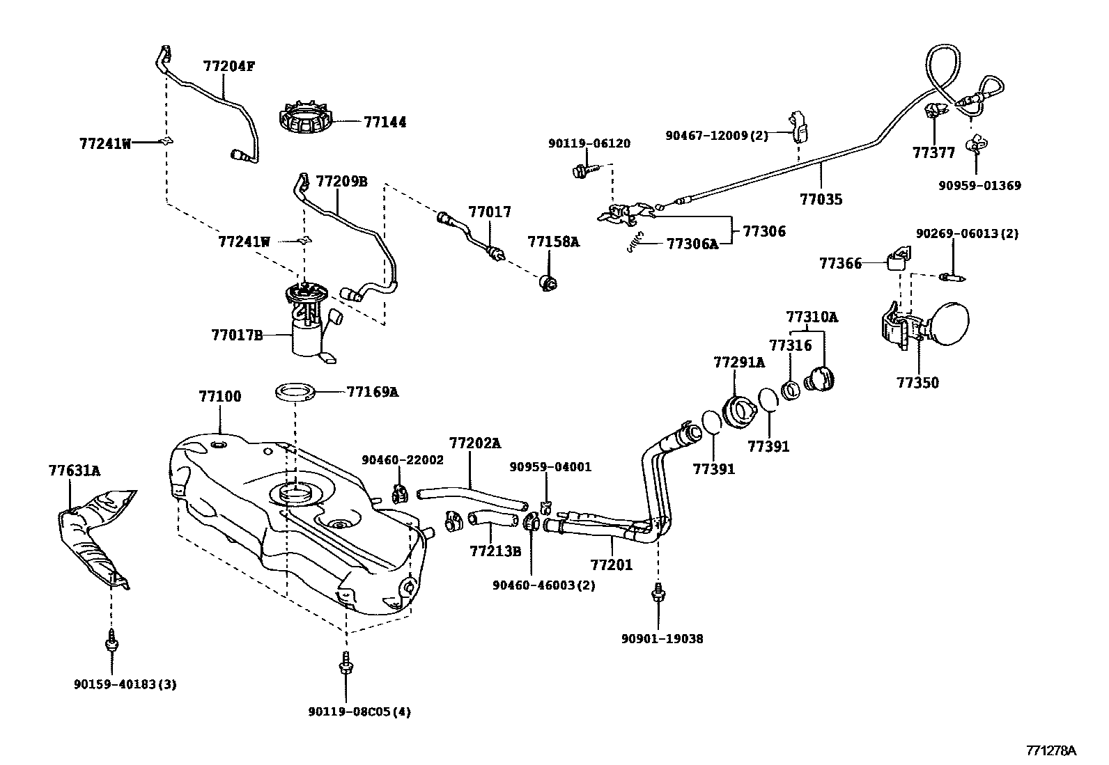 Toyota YARIS 燃油箱和燃油管 EPC diagram — 771278A