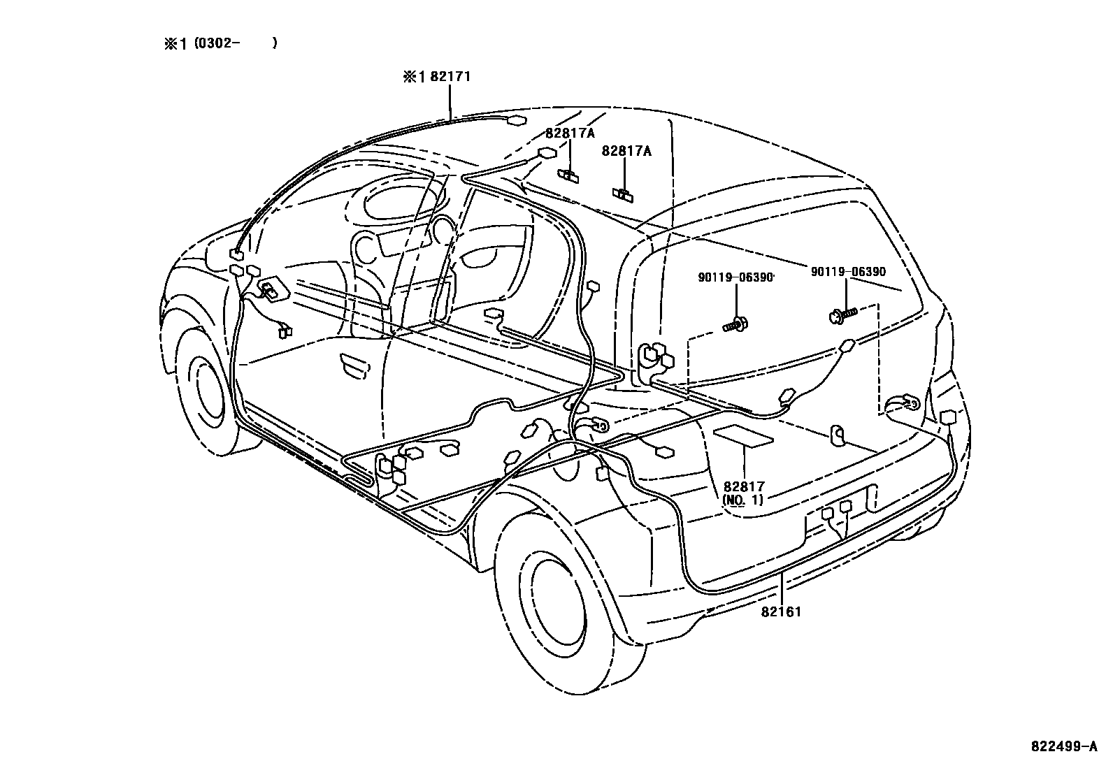 Toyota YARIS 线束和卡夹 EPC diagram — 822499A