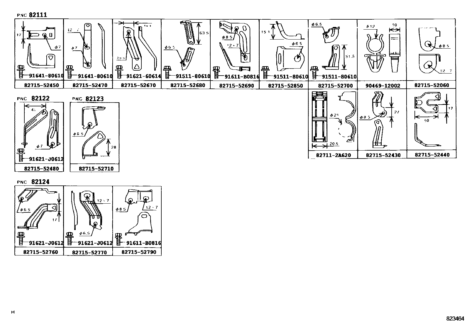 Toyota YARIS 线束和卡夹 EPC diagram — 823464B