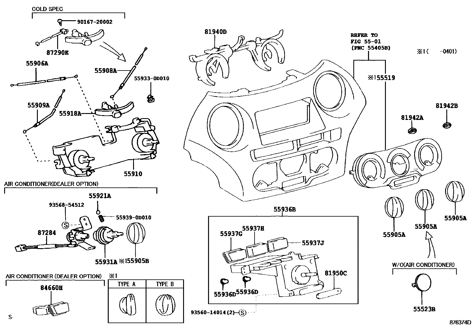 Toyota YARIS 暖风和空调系统 - 控制器和风管 EPC diagram — 876374D