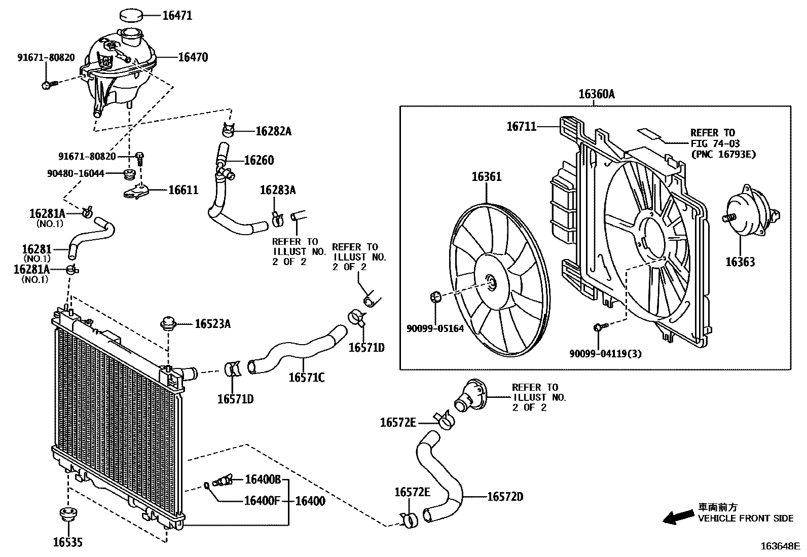 Toyota YARIS RADIATOR & WATER OUTLET EPC diagram — 163648E