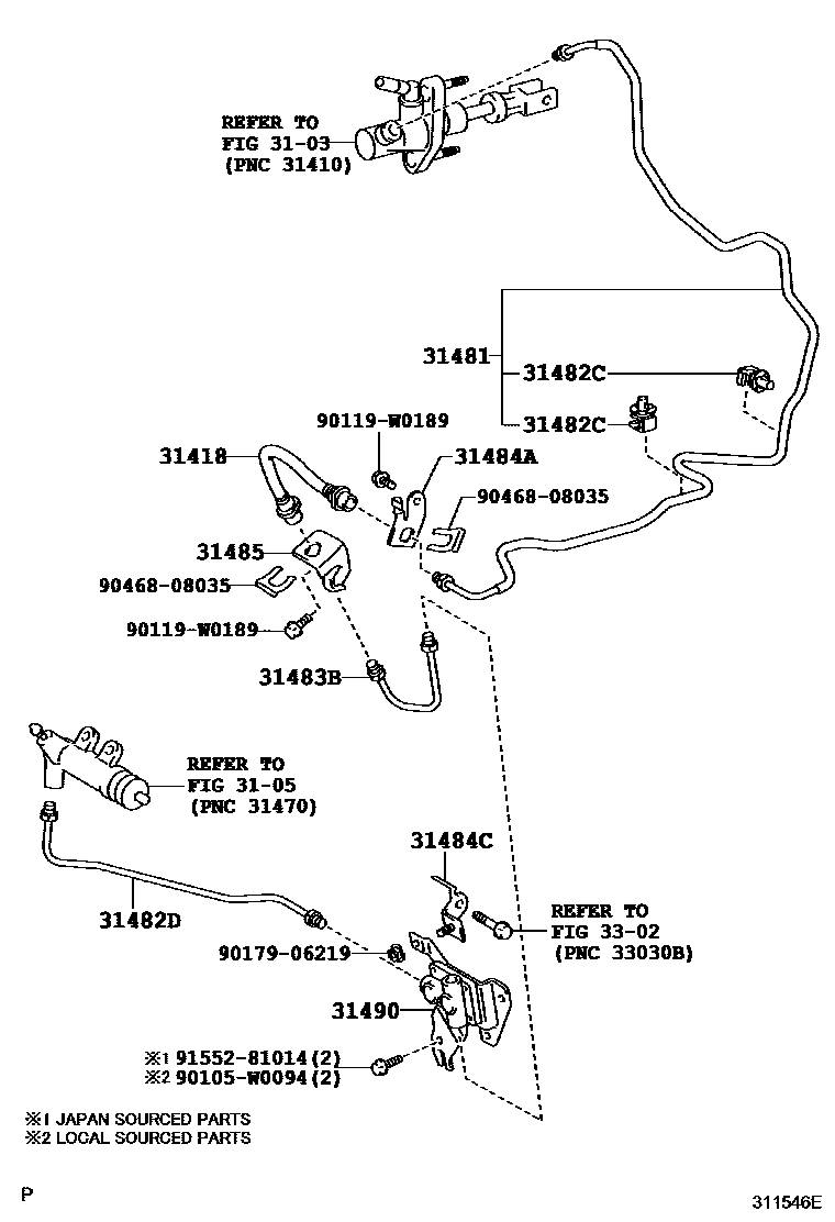 Toyota YARIS 离合器踏板和挠性软管 EPC diagram — 311546E