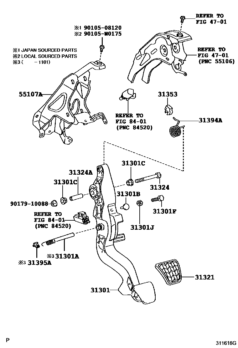 Toyota YARIS 离合器踏板和挠性软管 EPC diagram — 311616G