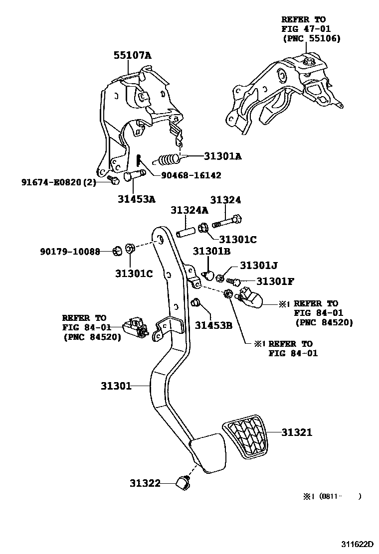 Toyota YARIS 离合器踏板和挠性软管 EPC diagram — 311622E