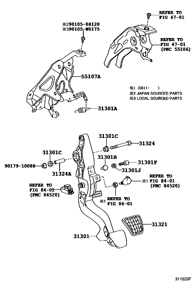 Toyota YARIS 离合器踏板和挠性软管 EPC diagram — 311623F