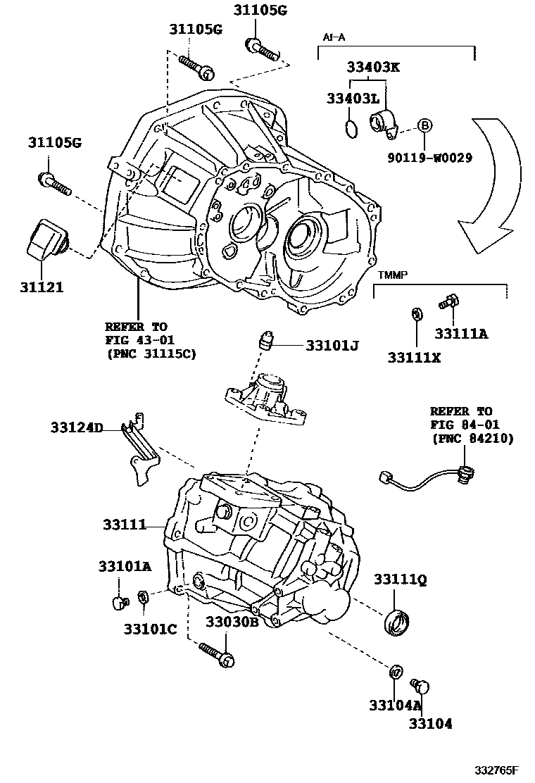 Toyota YARIS 离合器壳和变速器壳(MTM) EPC diagram — 332765F