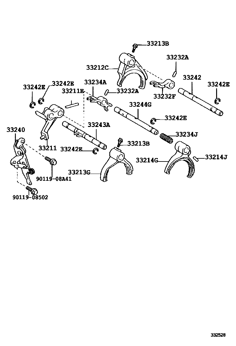 Toyota YARIS 换档拨叉和换档杆轴(MTM) EPC diagram — 332528