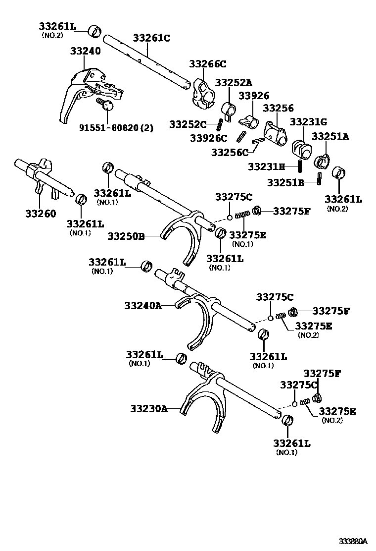 Toyota YARIS 换档拨叉和换档杆轴(MTM) EPC diagram — 333880A