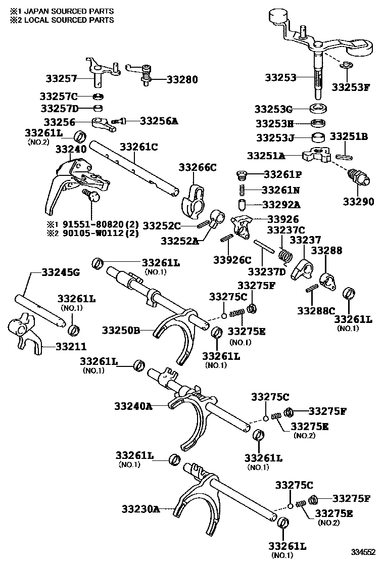 Toyota YARIS 换档拨叉和换档杆轴(MTM) EPC diagram — 334552