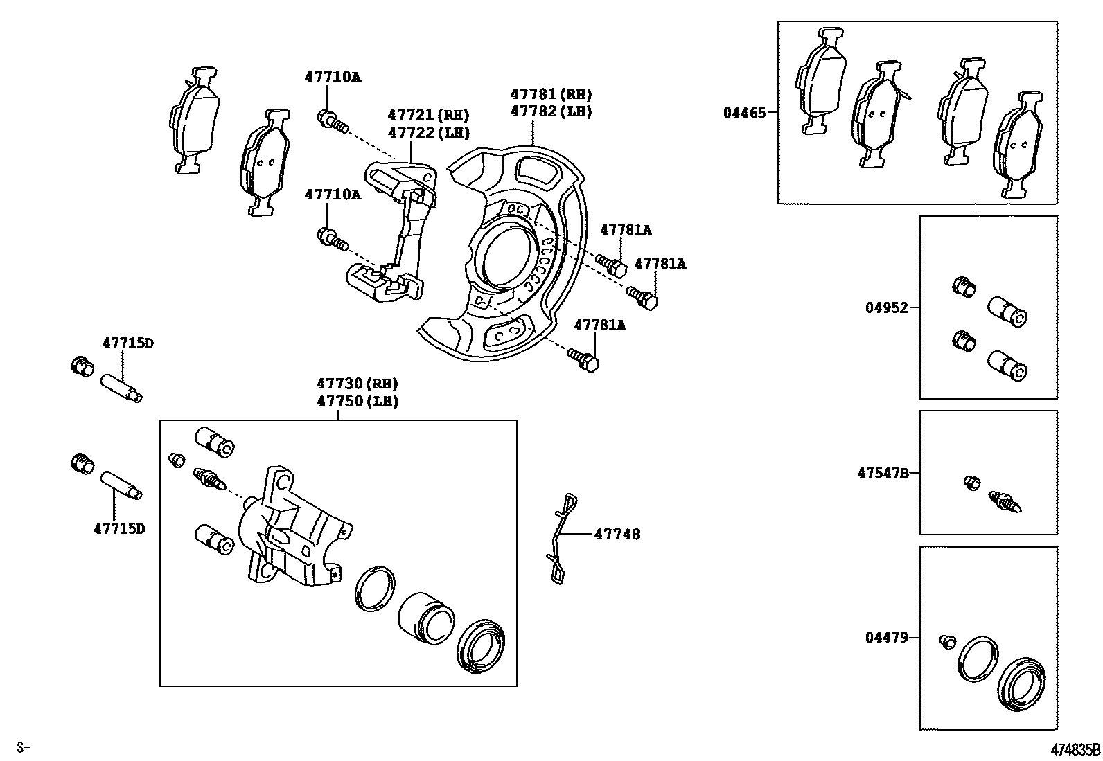 Toyota YARIS 前盘式制动器卡钳和防尘罩 EPC diagram — 474835B