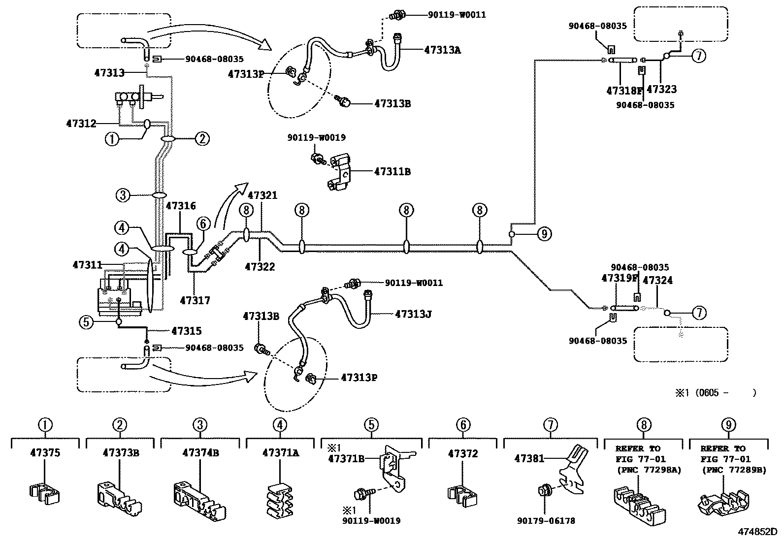 Toyota YARIS 制动配管和卡箍 EPC diagram — 474852D