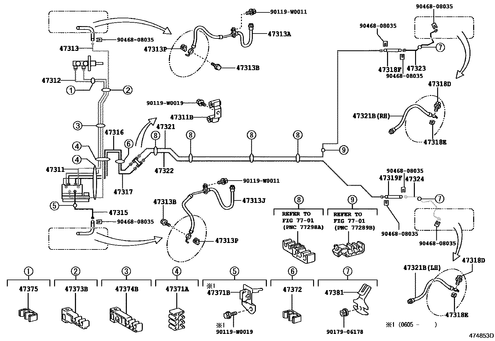 Toyota YARIS 制动配管和卡箍 EPC diagram — 474853D