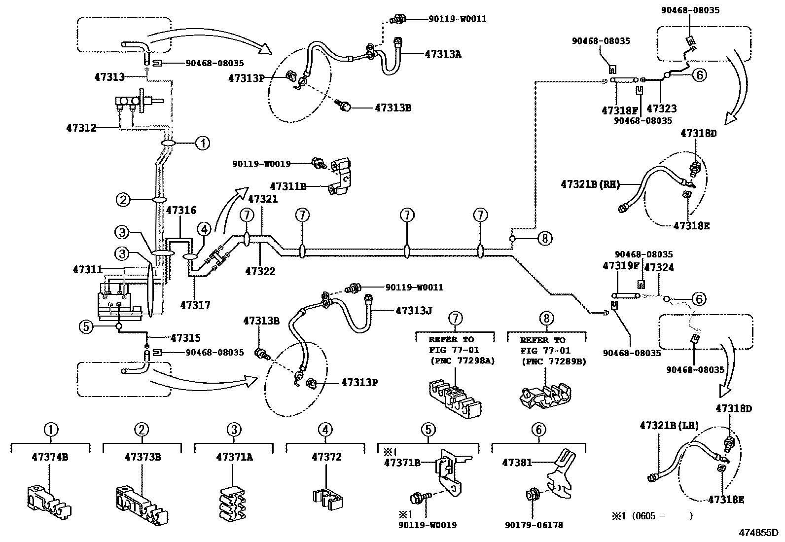 Toyota YARIS 制动配管和卡箍 EPC diagram — 474855D