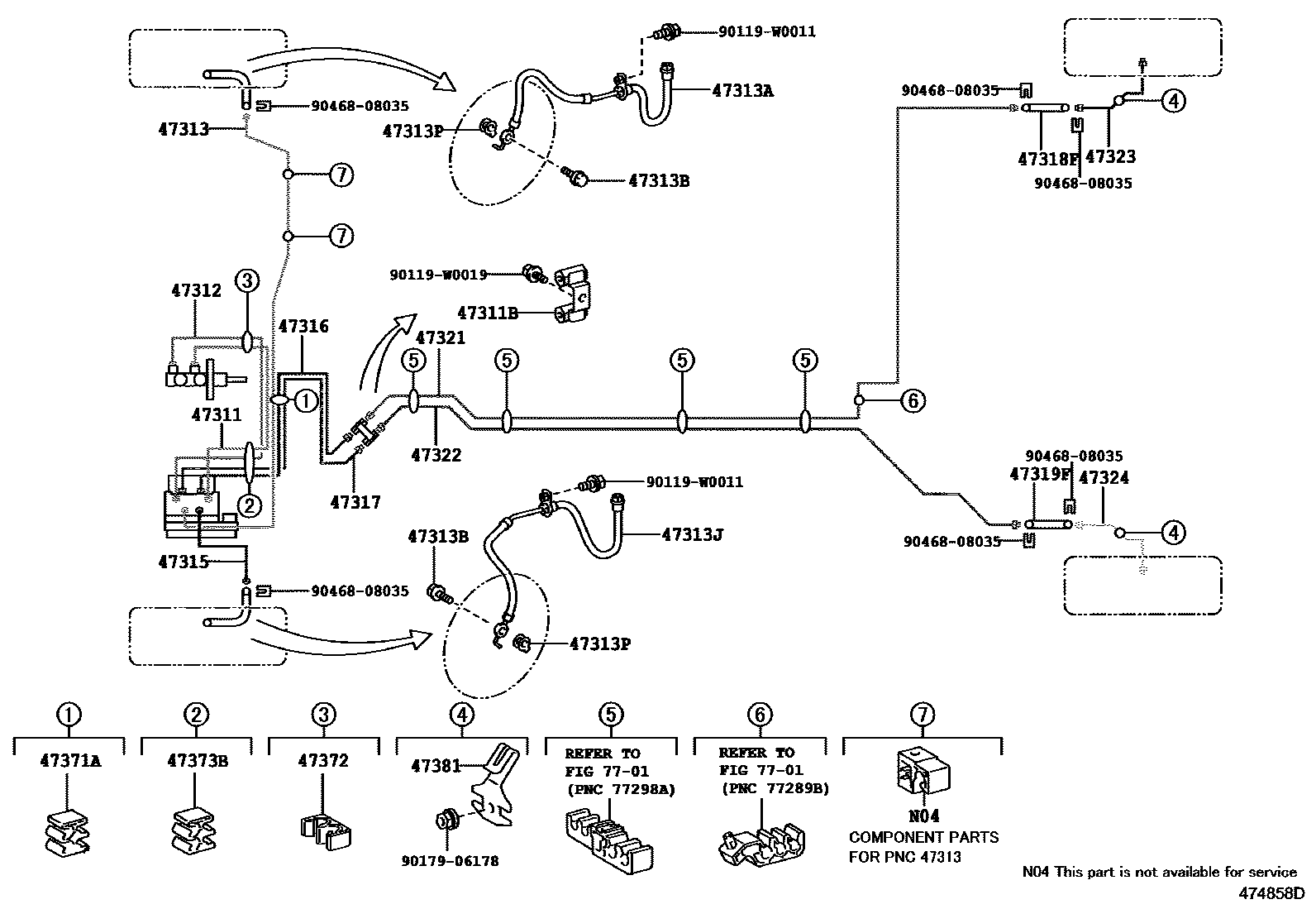 Toyota YARIS 制动配管和卡箍 EPC diagram — 474858D