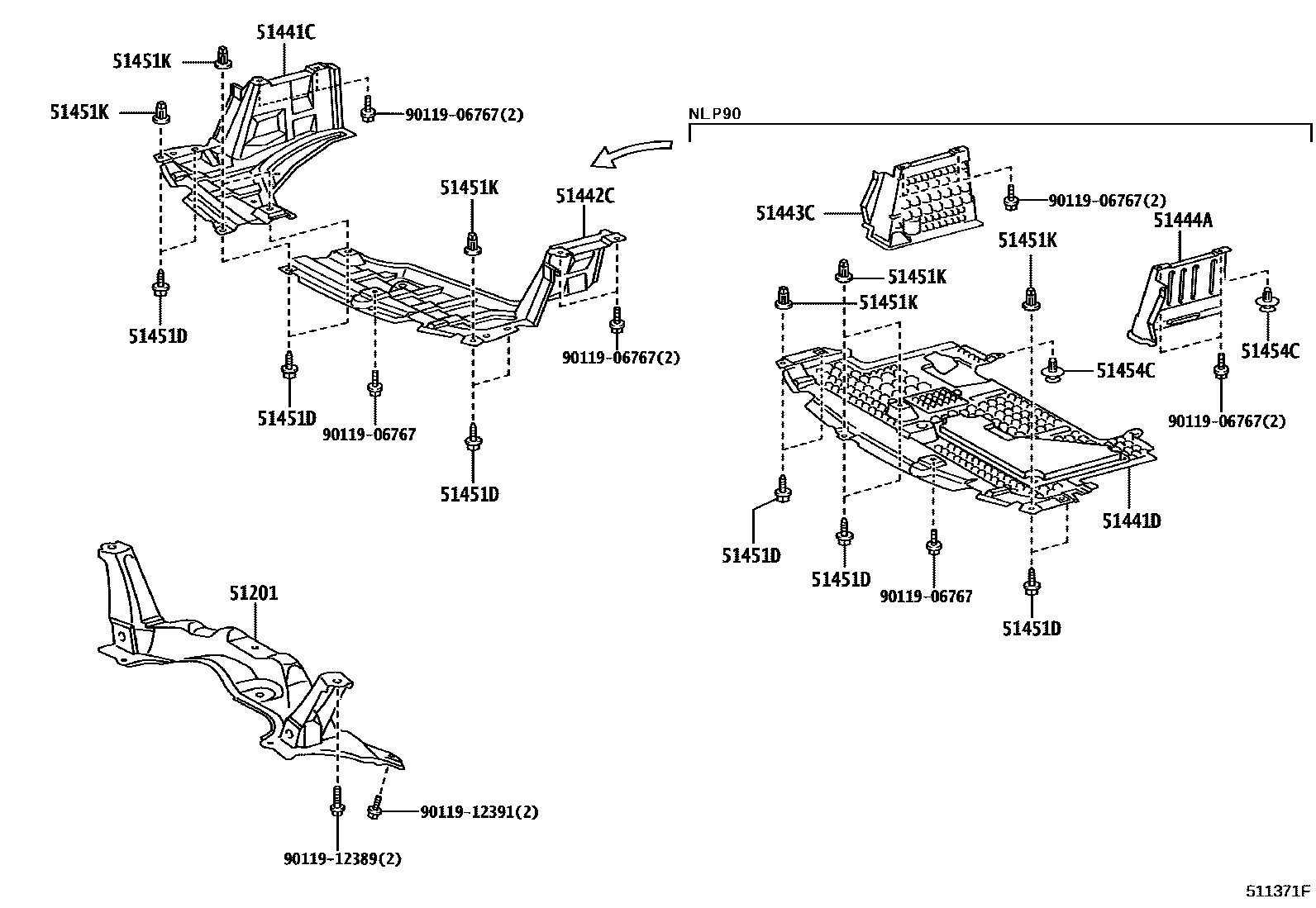 Toyota YARIS 悬架横梁和发动机底罩 EPC diagram — 511371F