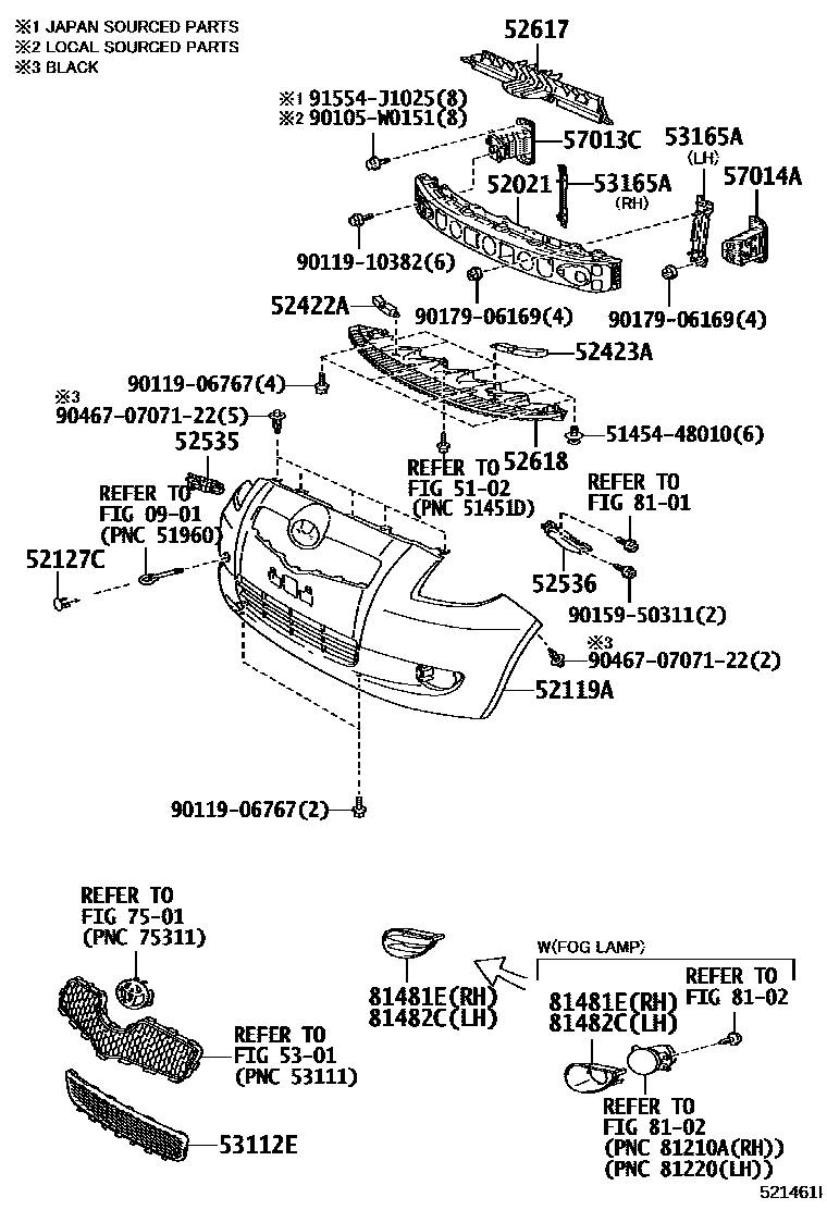 Toyota YARIS 前保险杠及附件 EPC diagram — 521461I