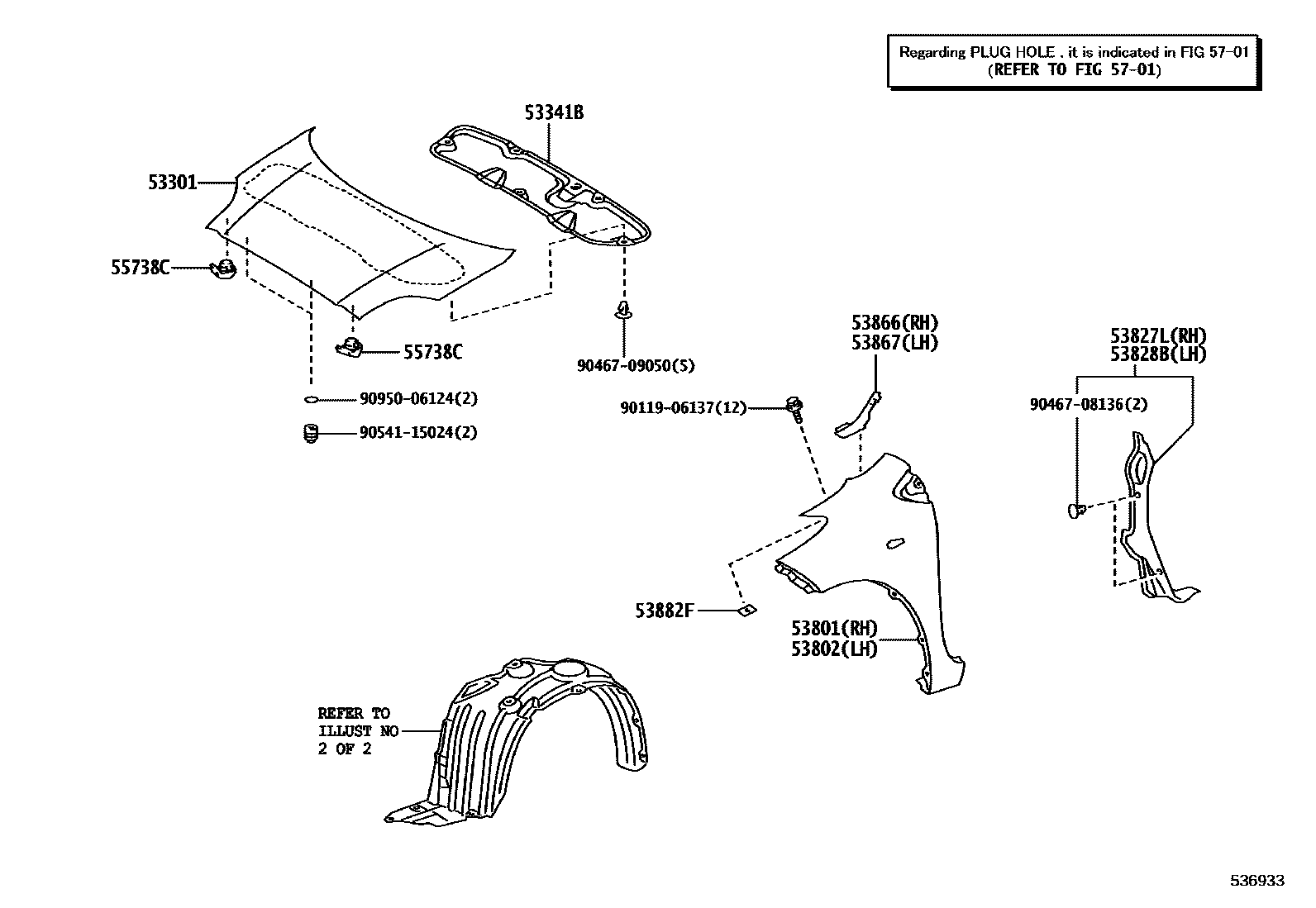Toyota YARIS 发动机盖和前翼子板 EPC diagram — 536933