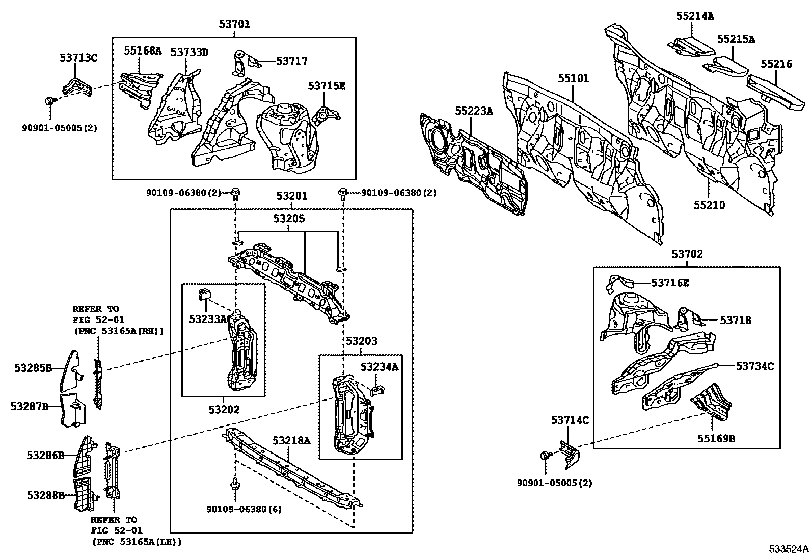 Toyota YARIS 前翼子板挡泥板和前围板 EPC diagram — 533524A