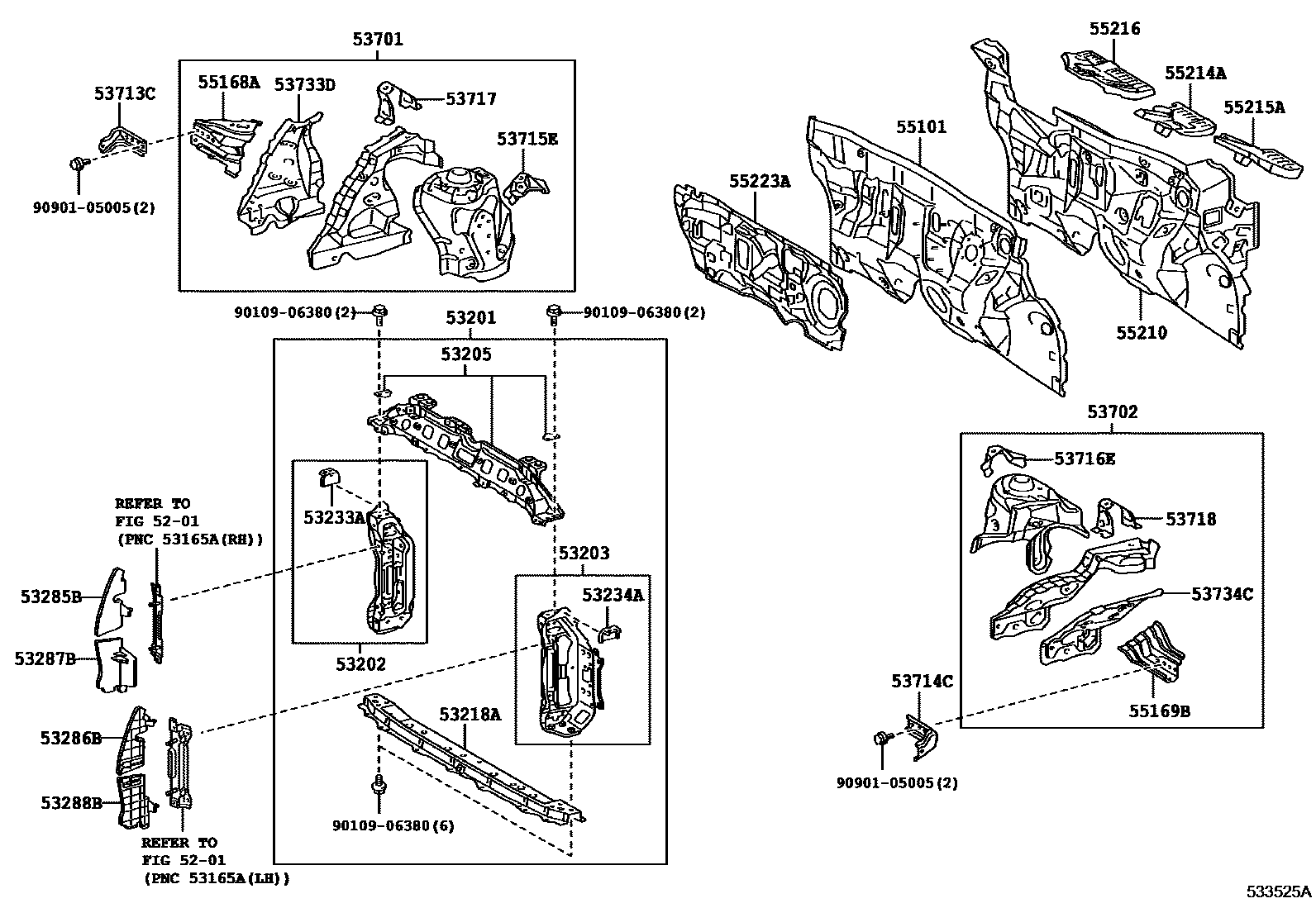 Toyota YARIS 前翼子板挡泥板和前围板 EPC diagram — 533525A