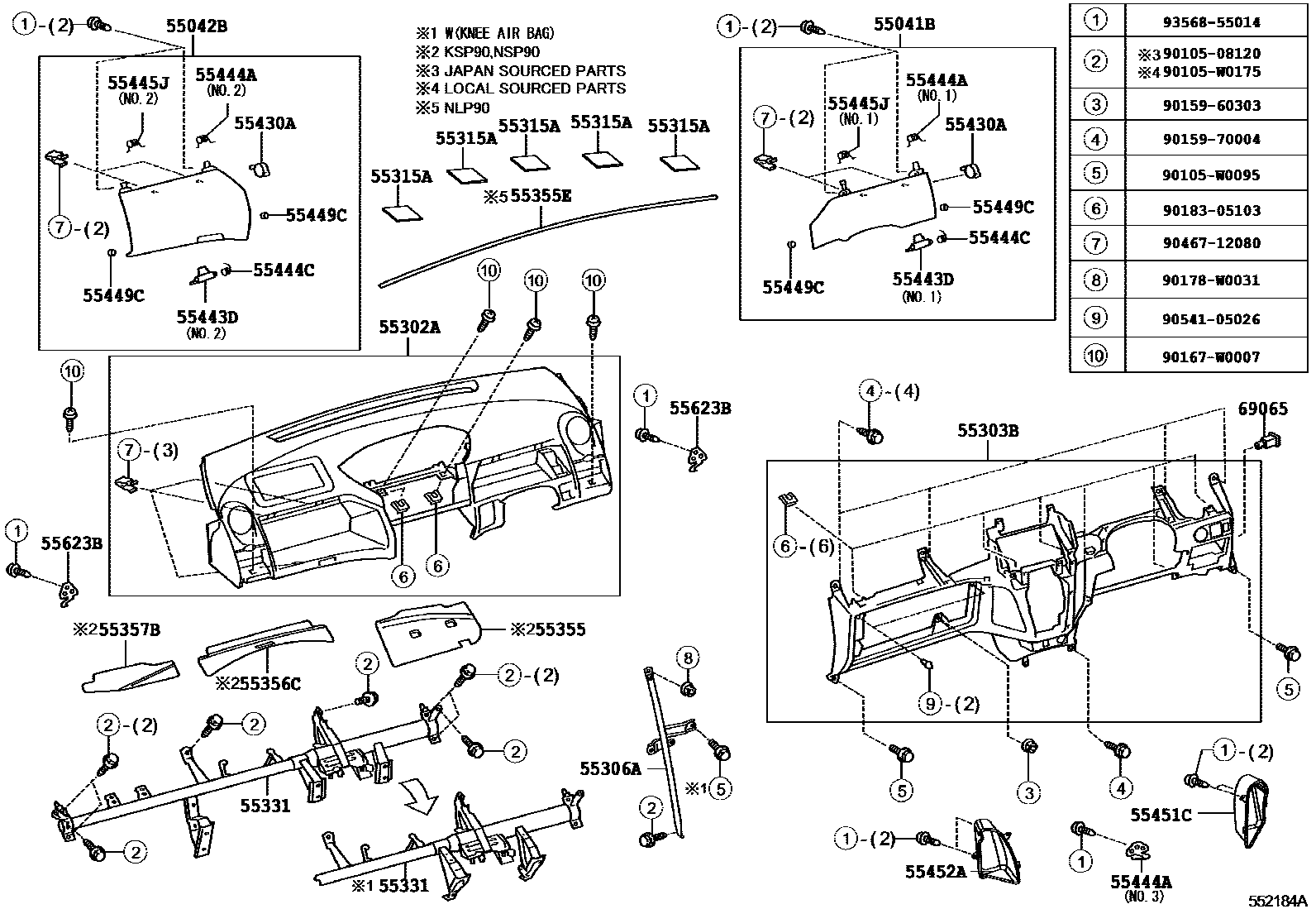 Toyota YARIS 仪表板和手套箱 EPC diagram — 552184A