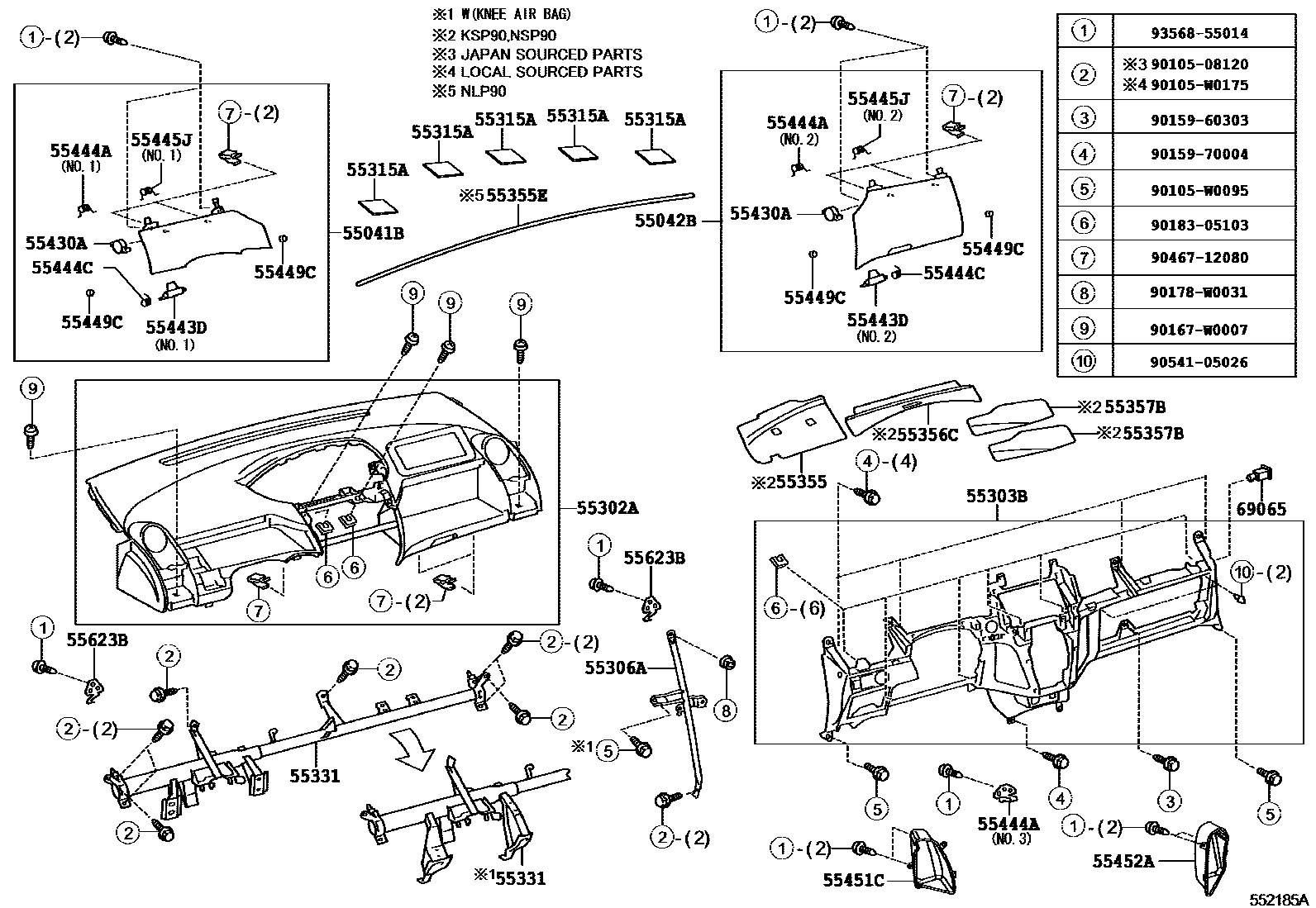 Toyota YARIS 仪表板和手套箱 EPC diagram — 552185A