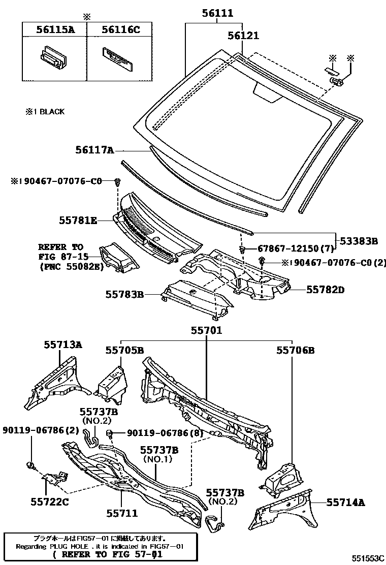 Toyota YARIS 前围板和挡风玻璃 EPC diagram — 551553C