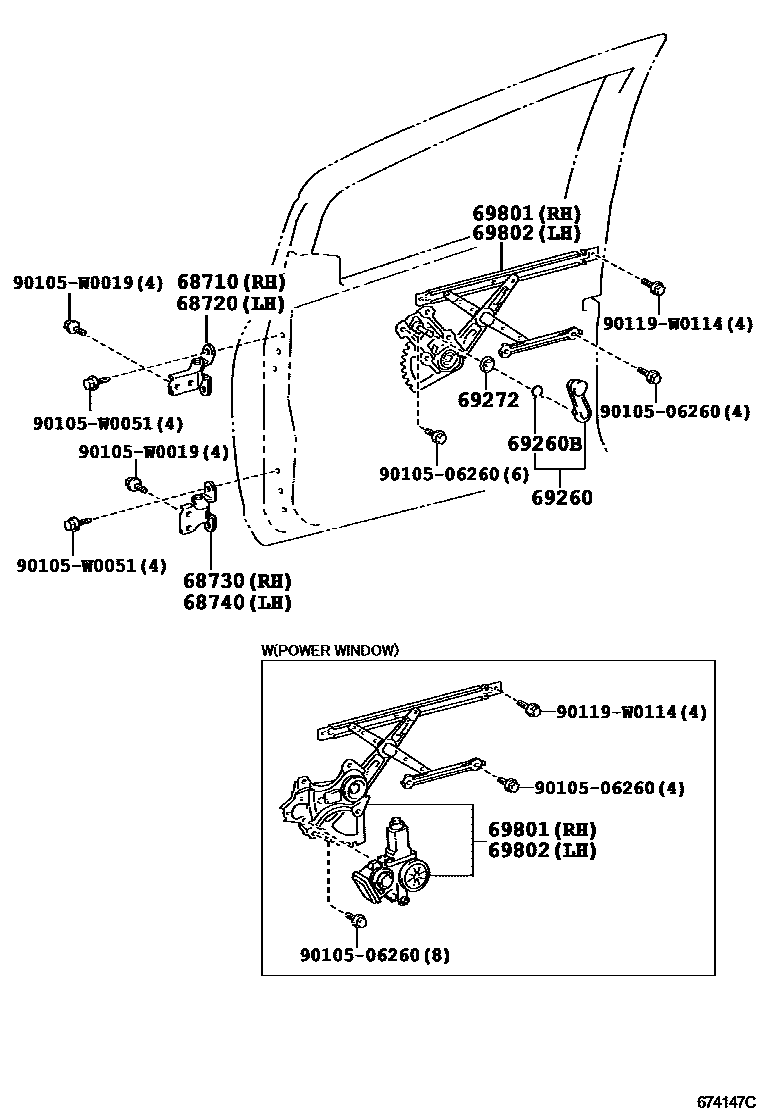 Toyota YARIS 前门车窗升降器和合页 EPC diagram — 674147C