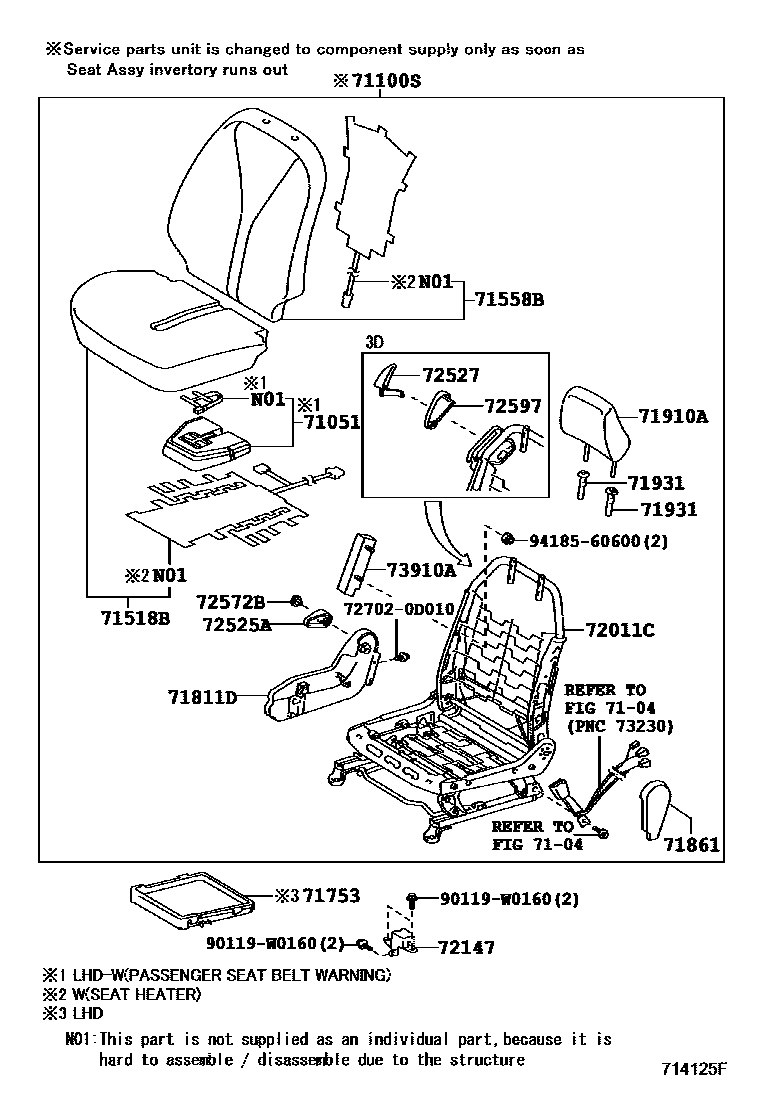 Toyota YARIS 前排座椅和座椅滑轨 EPC diagram — 714125F