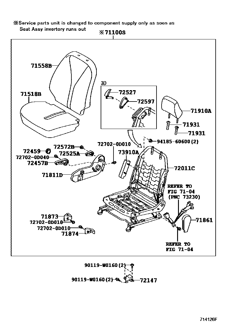 Toyota YARIS 前排座椅和座椅滑轨 EPC diagram — 714126F