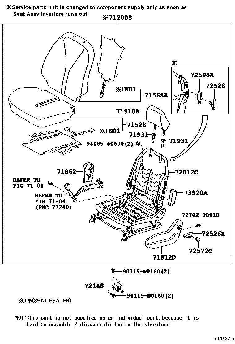 Toyota YARIS 前排座椅和座椅滑轨 EPC diagram — 714127H
