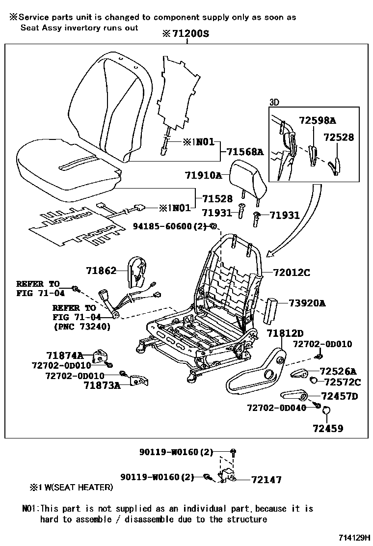Toyota YARIS 前排座椅和座椅滑轨 EPC diagram — 714129H